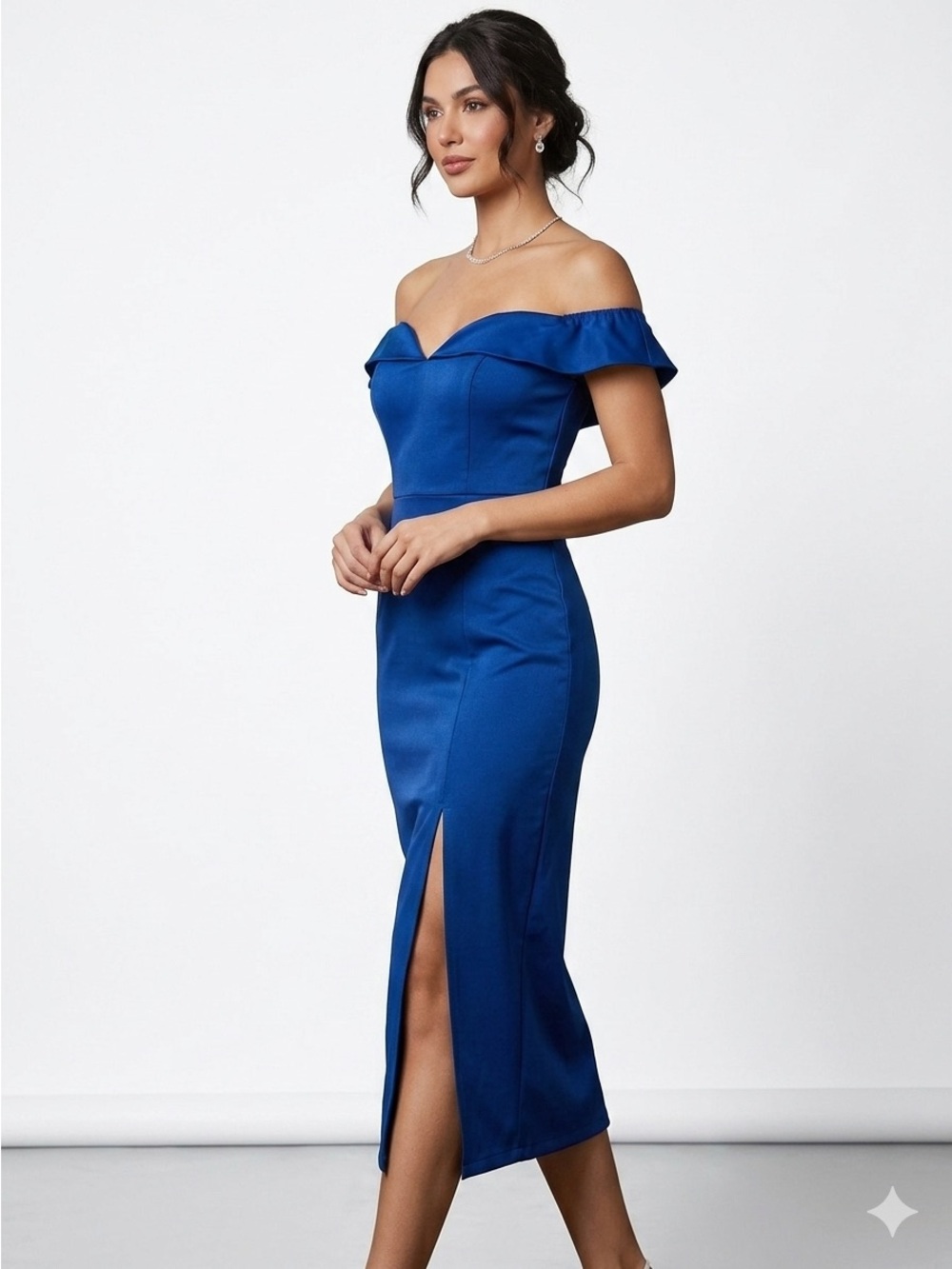 Off-Shoulder Cobalt Blue Midi Dress with Front Slit